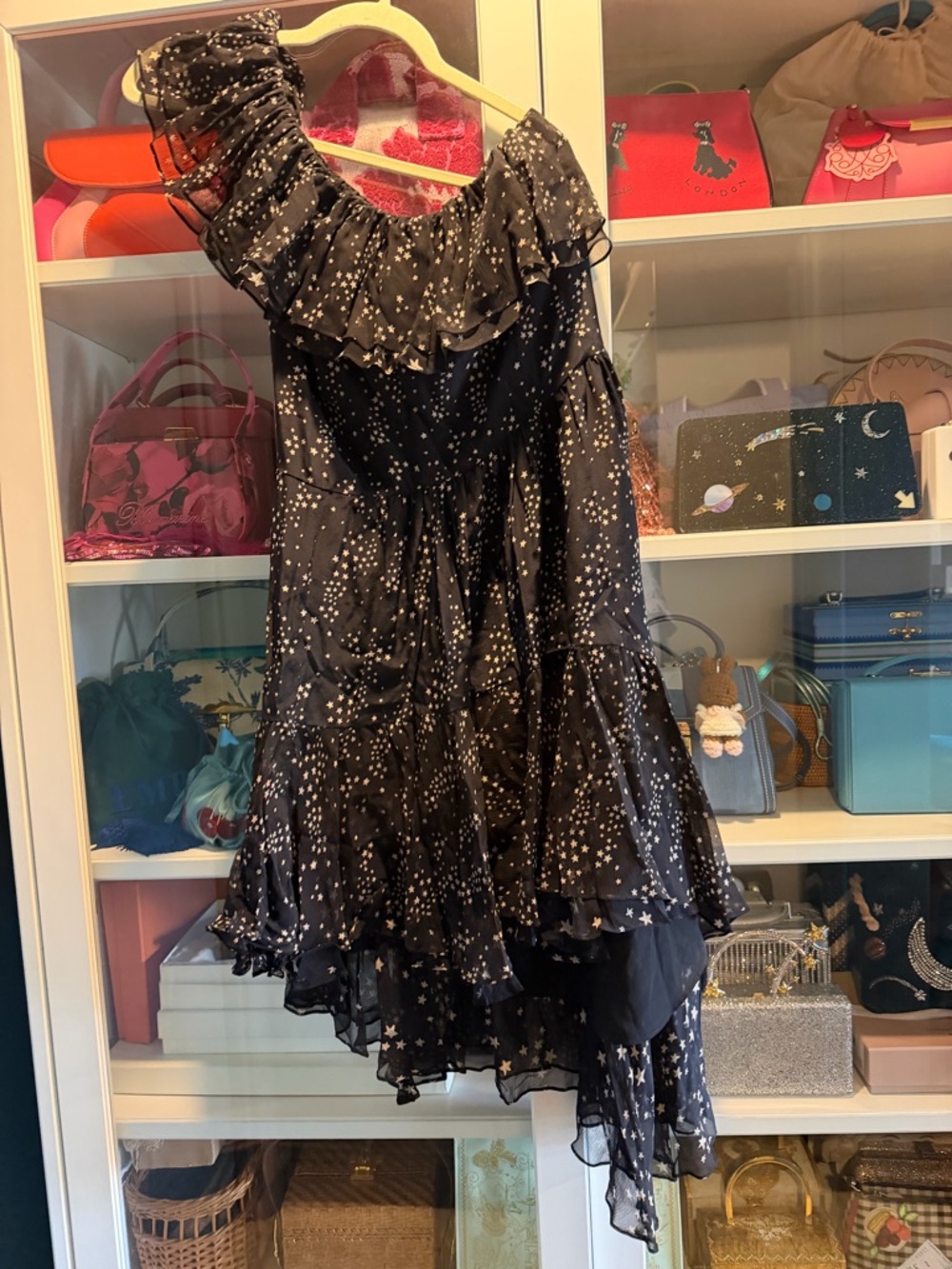 LoveShackFancy black star print silk midi dress one shoulder with ruffle